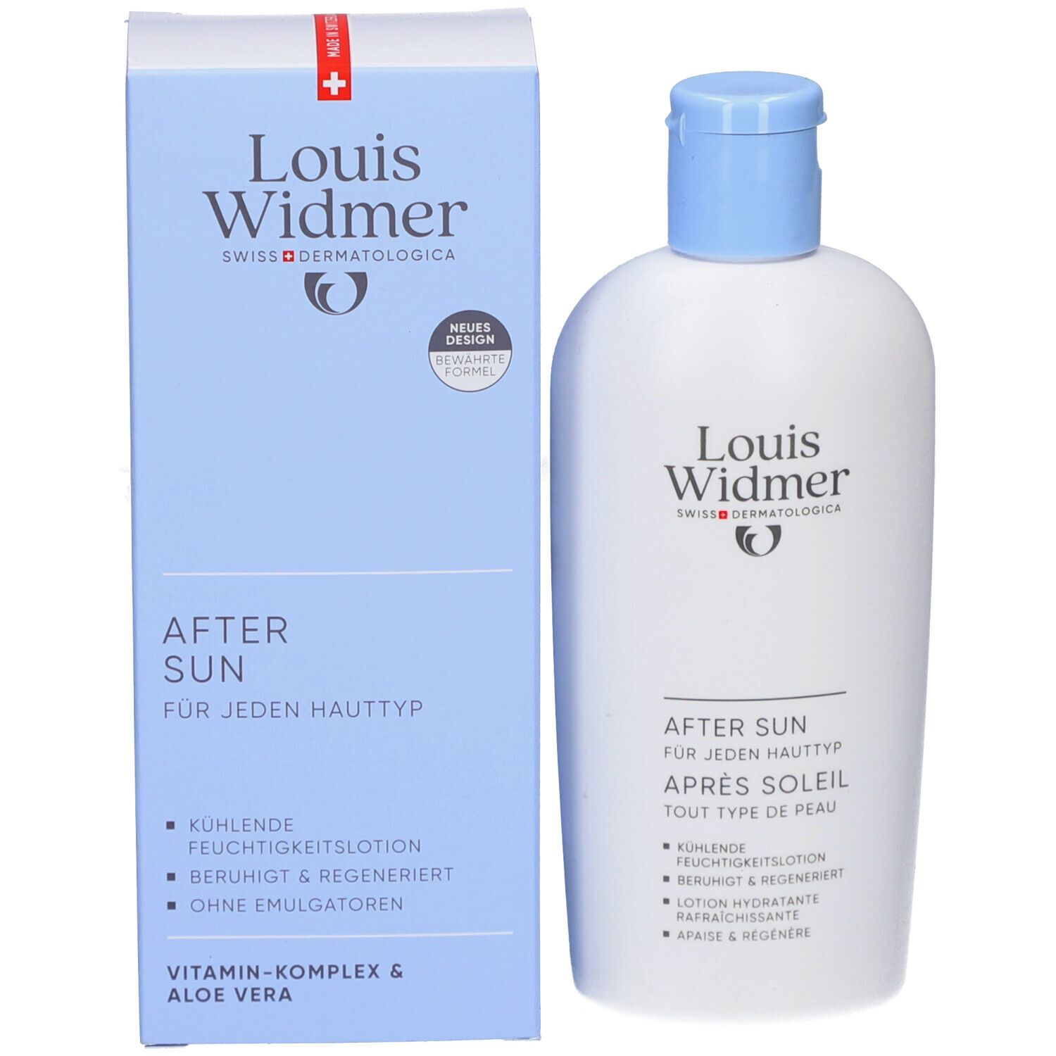 Produktverpackung und Flasche. Verpackung: blau, Louis Widmer, After Sun. Flasche: weiß, blau. Kühlende Feuchtigkeitslotion.