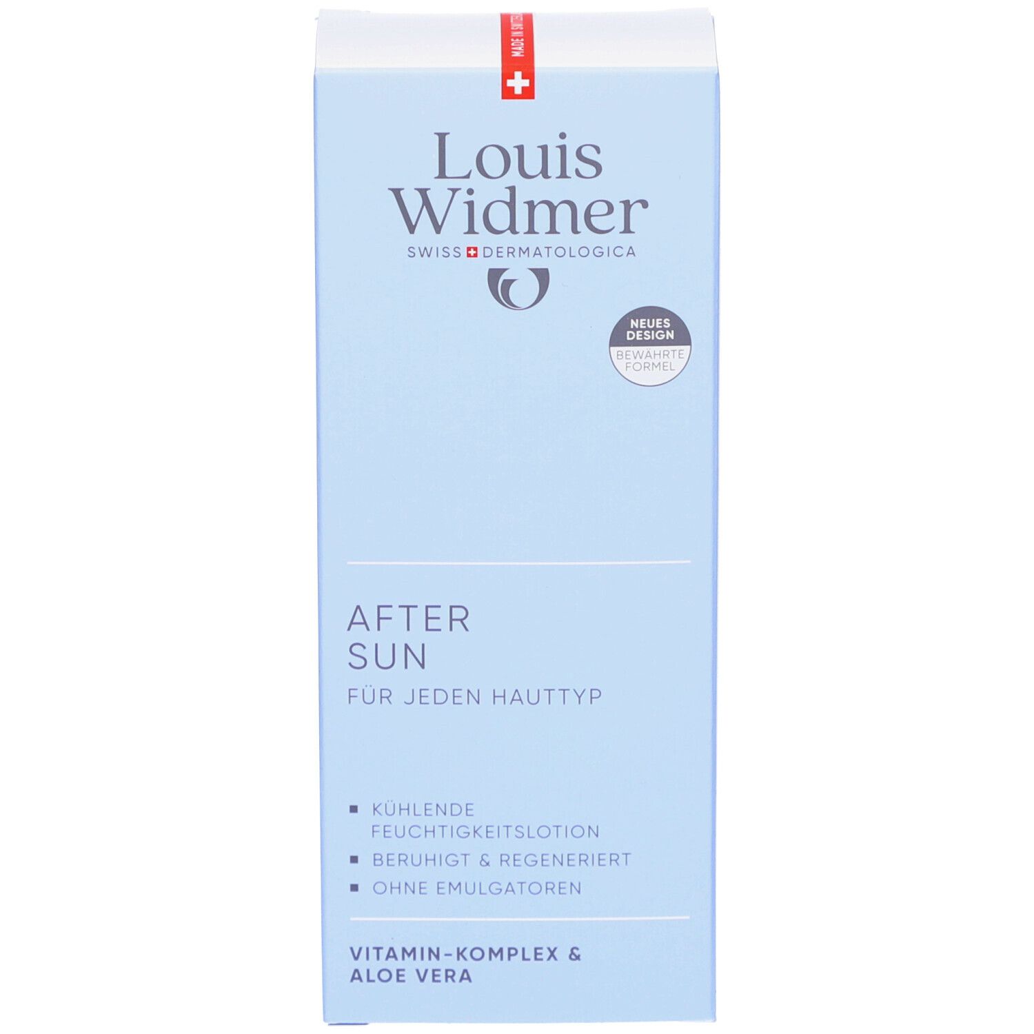 Blaue Produktverpackung. Aufschrift: Louis Widmer, After Sun. Kühlende Feuchtigkeitslotion. Vitamin-Komplex & Aloe Vera.