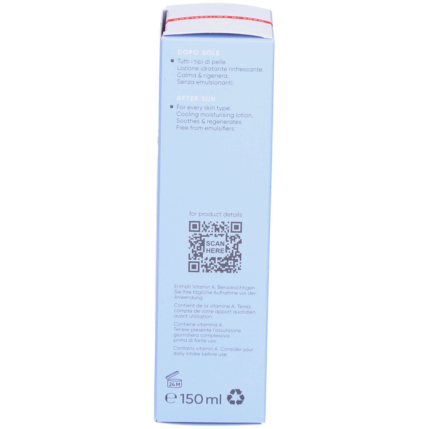 Blaue Verpackung, Seite. Aufschrift: Louis Widmer, After Sun. QR-Code. Inhaltsstoffe. Volumen: 150 ml.