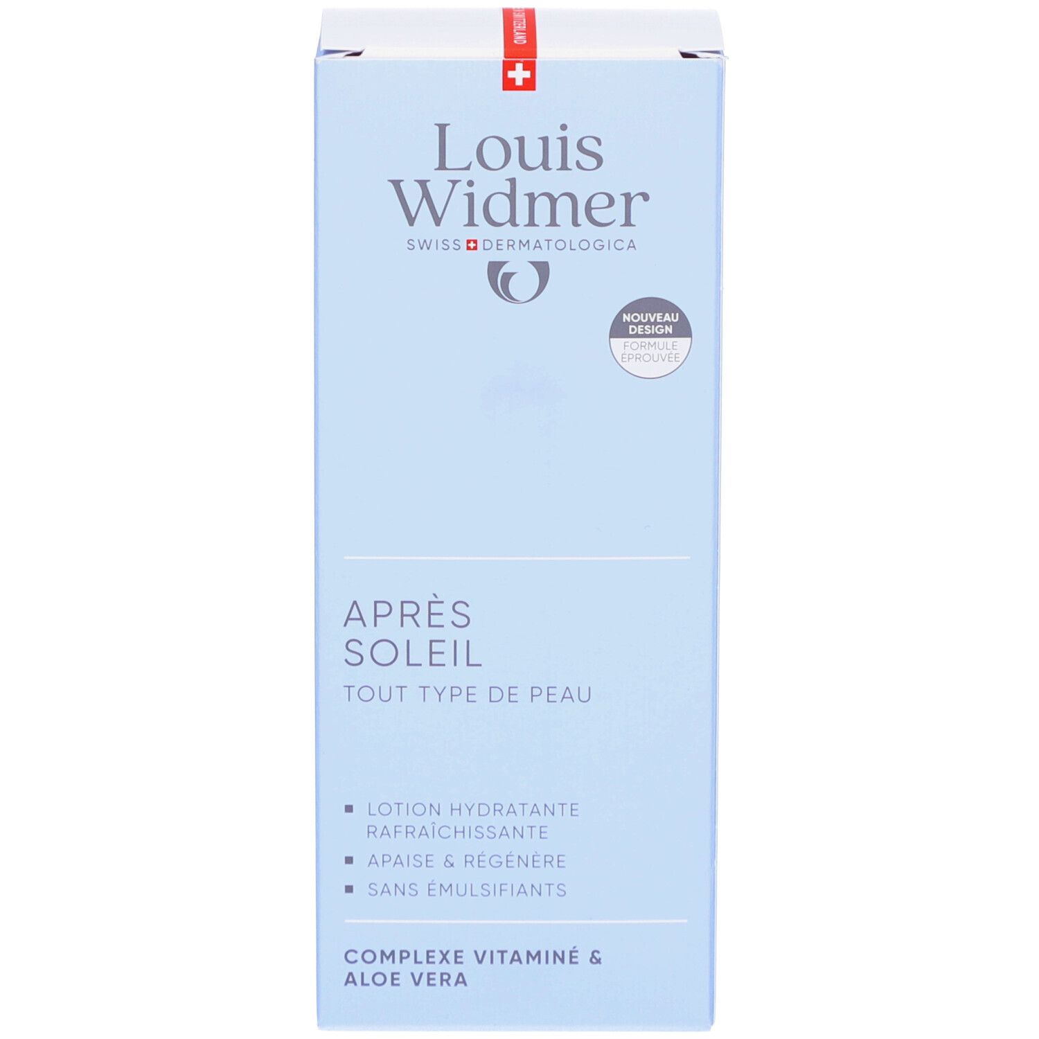 Blaue Verpackung, Vorderseite. Aufschrift: Louis Widmer, Après Soleil. Lotion hydratante rafraîchissante. Ohne Emulgatoren.