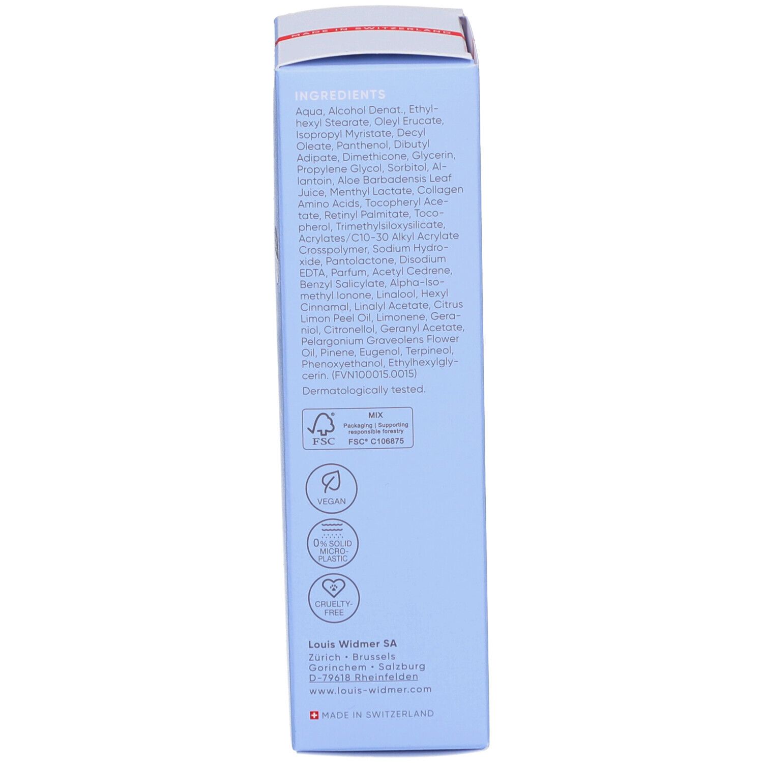 Blaue Verpackung, Seite. Inhaltsstoffe, Zertifizierungen, Herstellerinformationen. Vegan, ohne Mikroplastik.