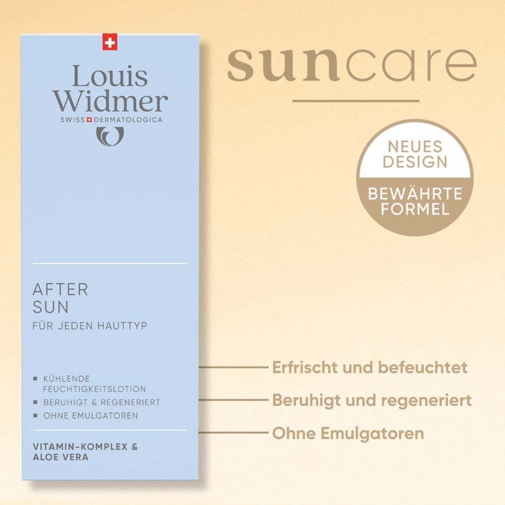 Blaue Verpackung. Text: After Sun, für jeden Hauttyp. Neues Design, bewährte Formel. Kühlt, beruhigt.