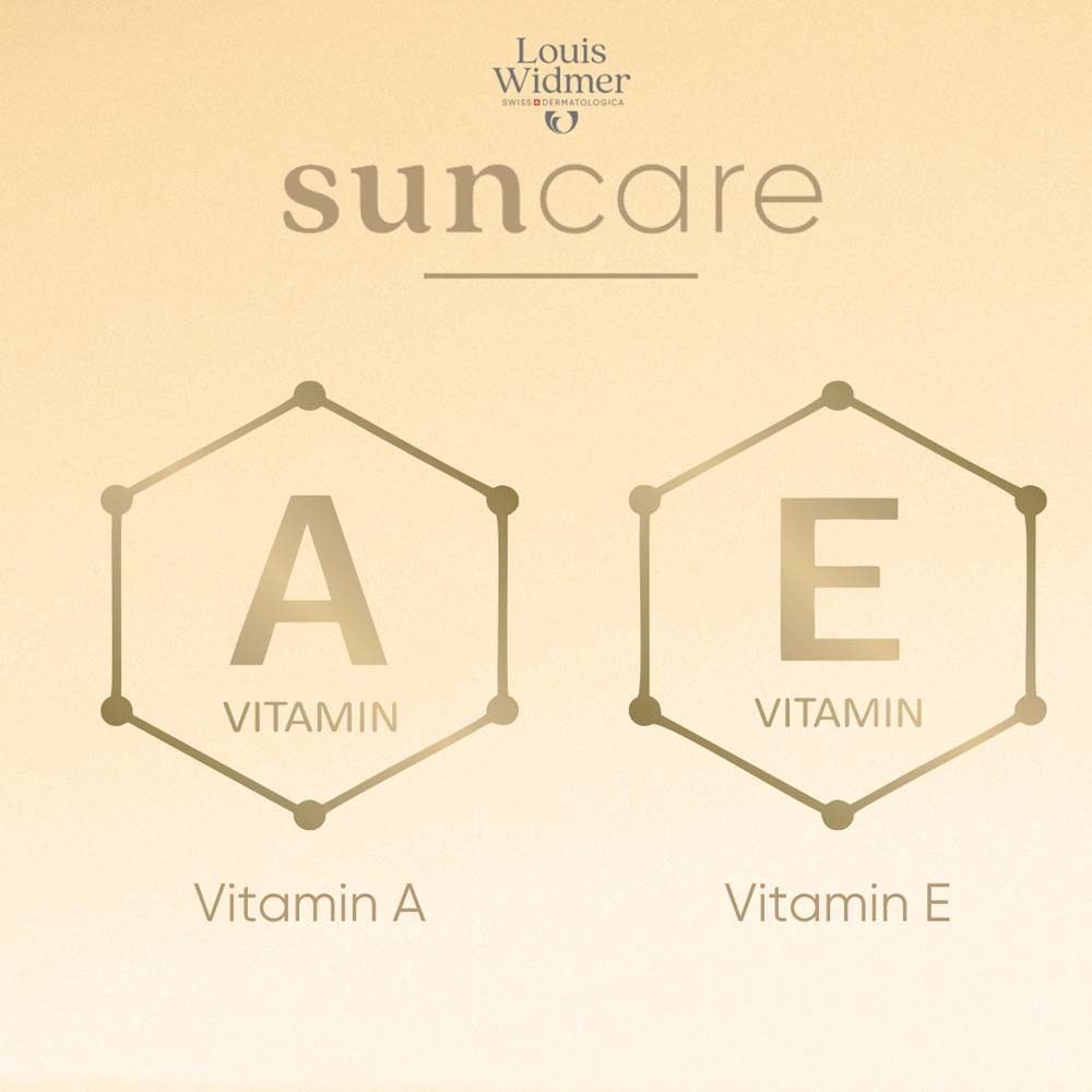 Zwei hexagonale Formen mit Vitamin A und E. Text: Vitamin A, Vitamin E. Suncare.