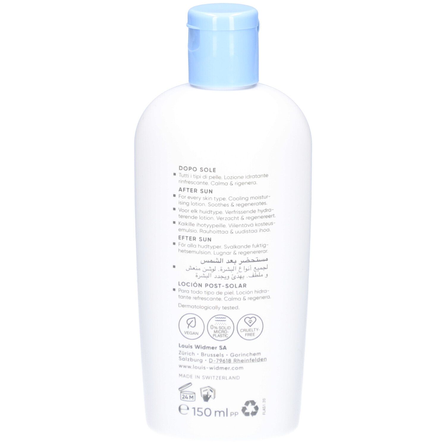 Rückseite der weißen Flasche. Text in mehreren Sprachen: After Sun, für jeden Hauttyp. Kühlende Feuchtigkeitslotion. 150 ml.