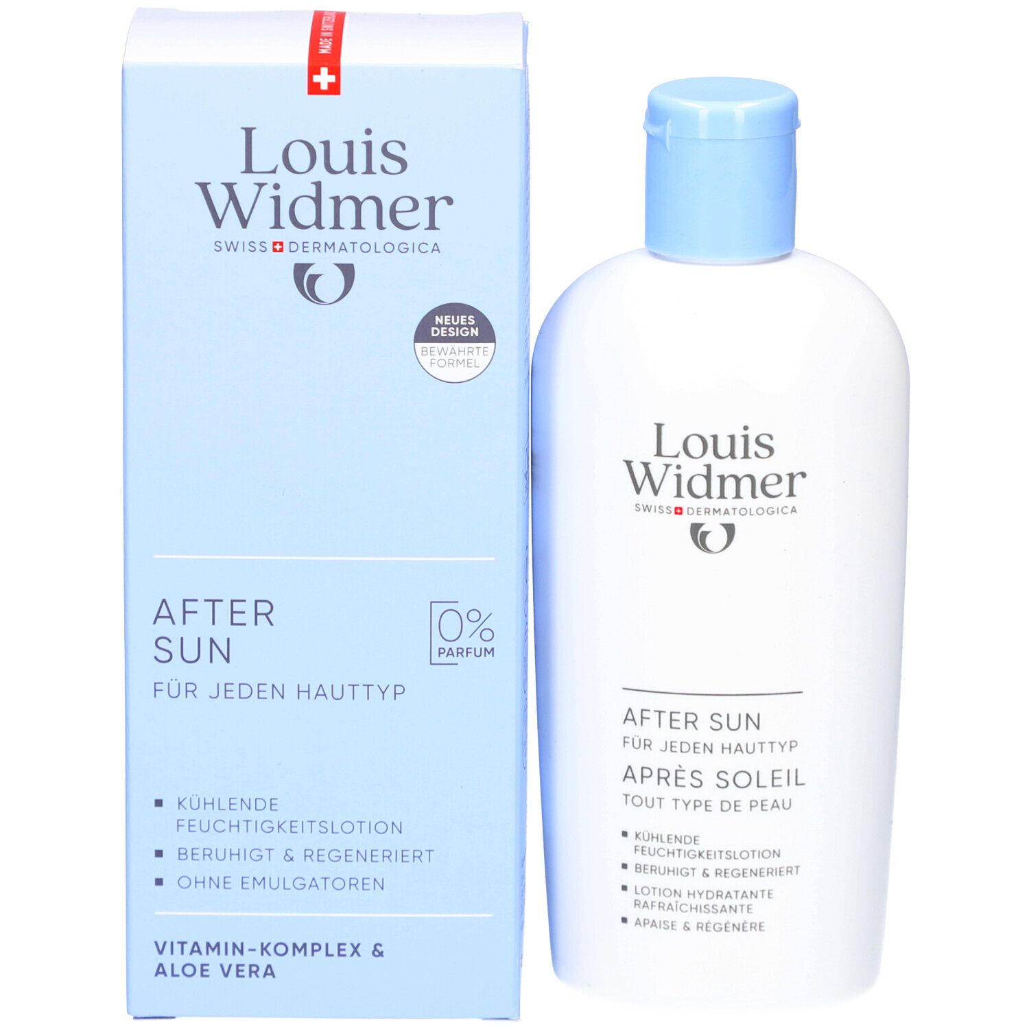 Produktverpackung und Flasche. Verpackung: blau, weiß, Louis Widmer, After Sun, 0% Parfum. Flasche: weiß, blau, After Sun.