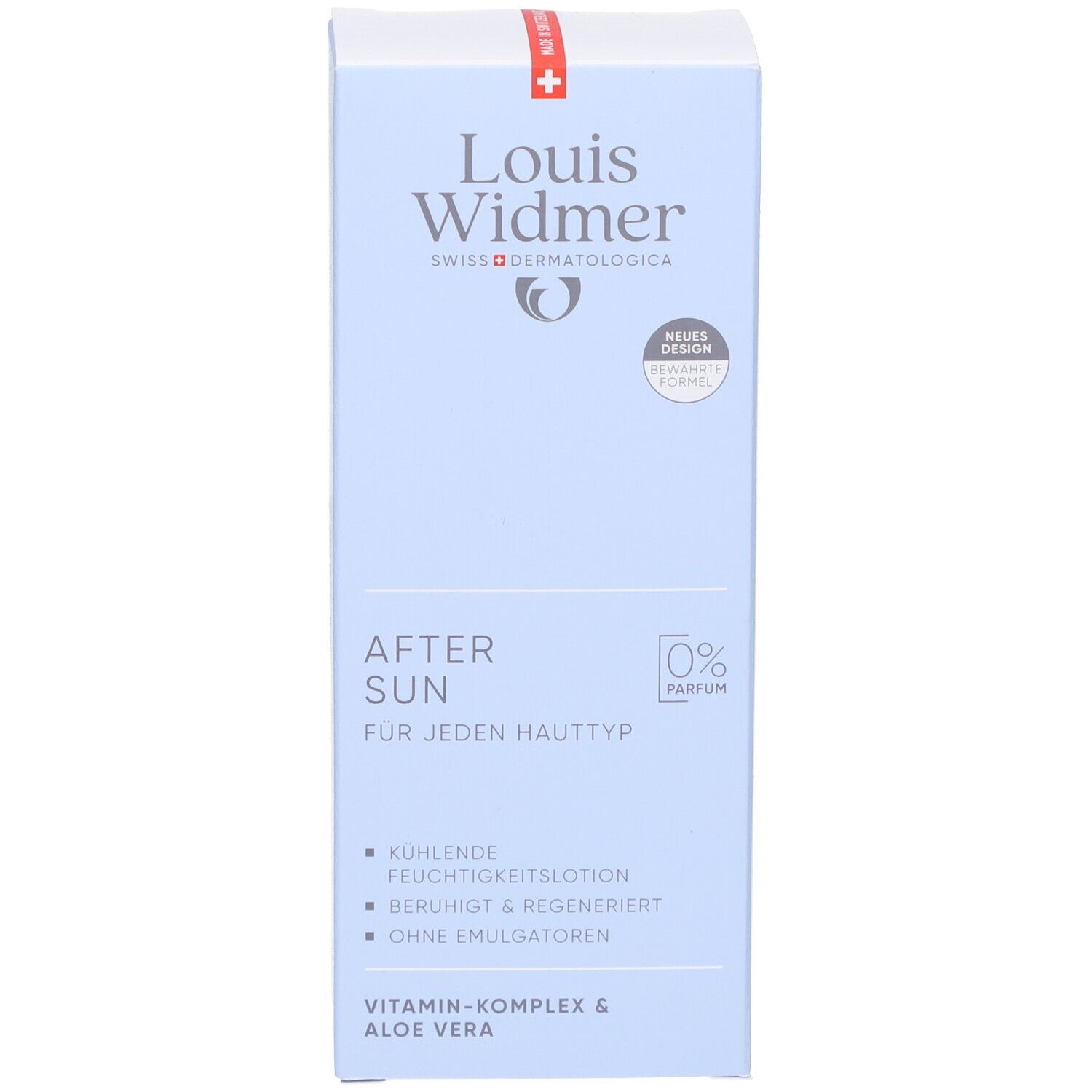 Blaue Produktverpackung. Aufschrift: Louis Widmer, After Sun, für jeden Hauttyp, 0% Parfum. Kühlt, beruhigt, ohne Emulgatoren.