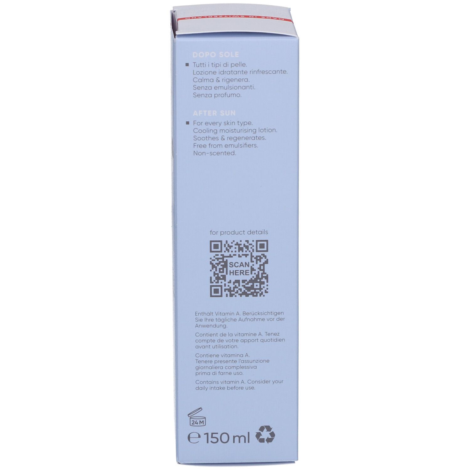 Blaue Verpackung, Seitenansicht. Text: Dopo Sole, After Sun, 150 ml. QR-Code. Inhaltsstoffe. Umweltzeichen.