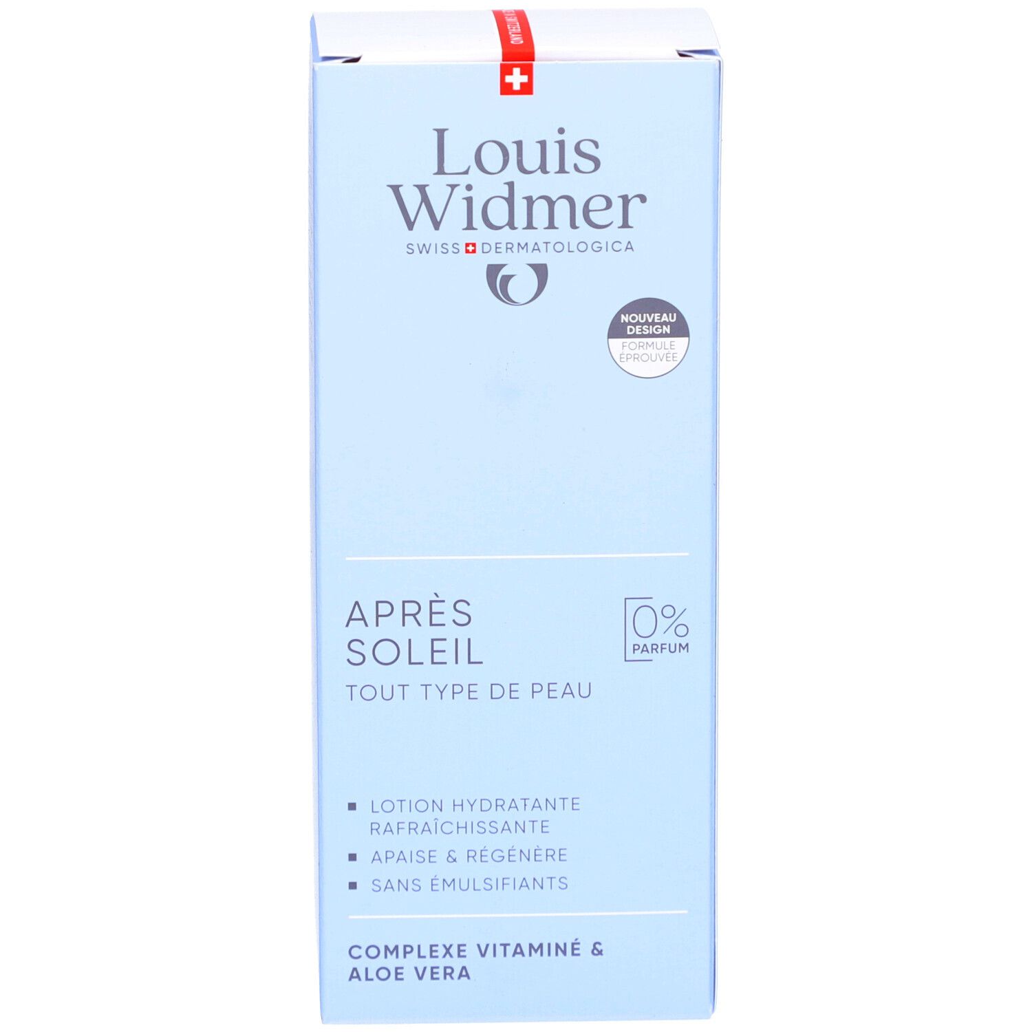 Blaue Verpackung, Vorderseite. Aufschrift: Après Soleil, für jeden Hauttyp, 0% Parfum. Lotion hydratante rafraîchissante.