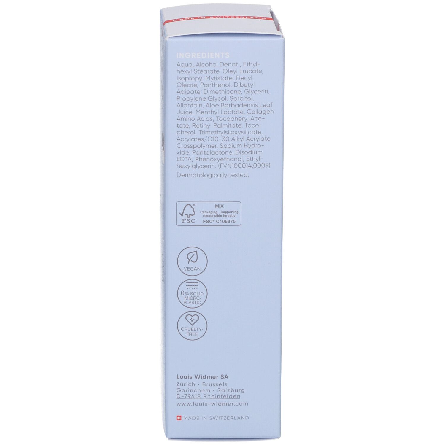 Blaue Verpackung, Rückseite. Inhaltsstoffe, Umweltzeichen, Herstelleradresse, Made in Switzerland.