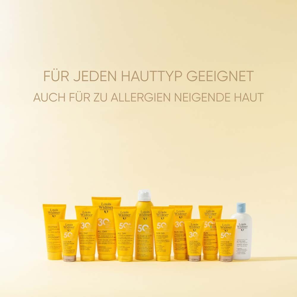 Verschiedene Louis Widmer Produkte. Text: Für jeden Hauttyp geeignet.