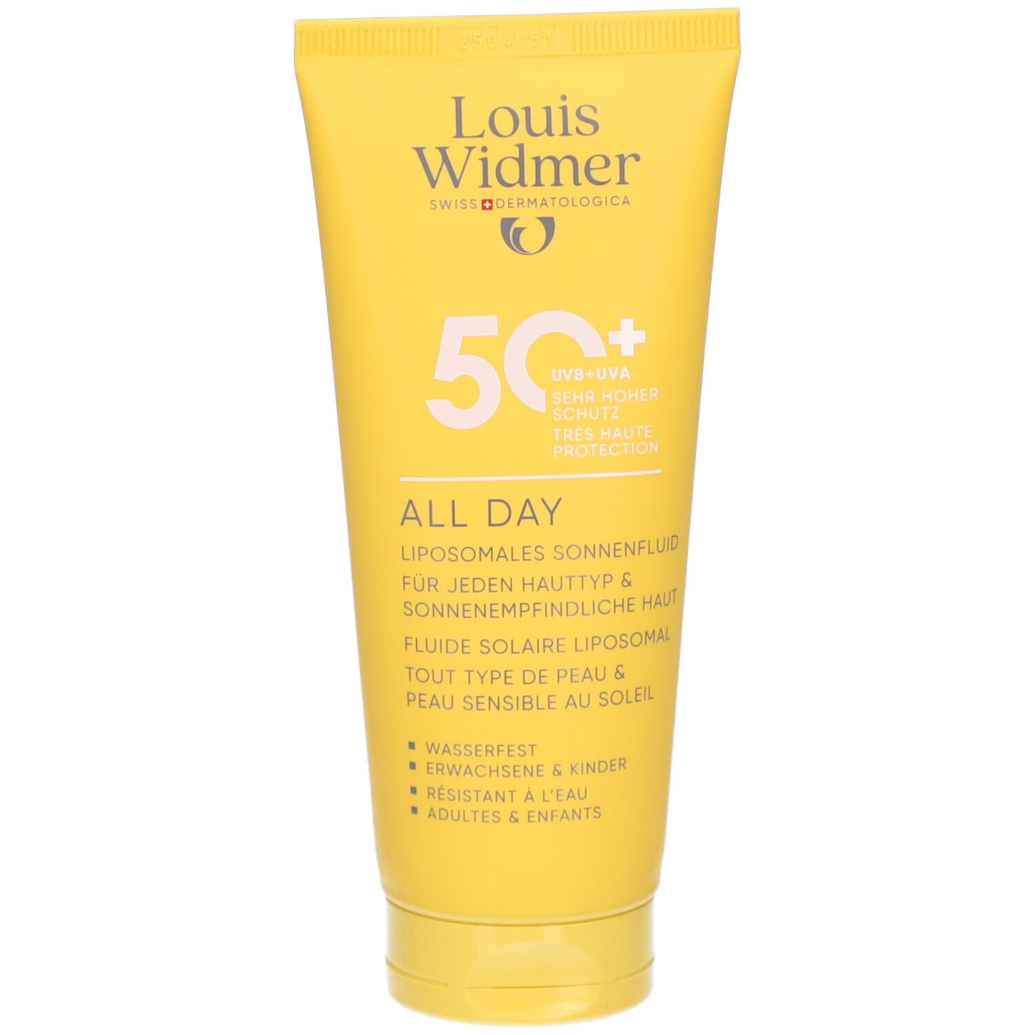 Gelbe Tube mit Sonnencreme. Aufschrift: Louis Widmer, 50+ UV-A, All Day. Liposomale Sonnenfluid. Wasserfest.