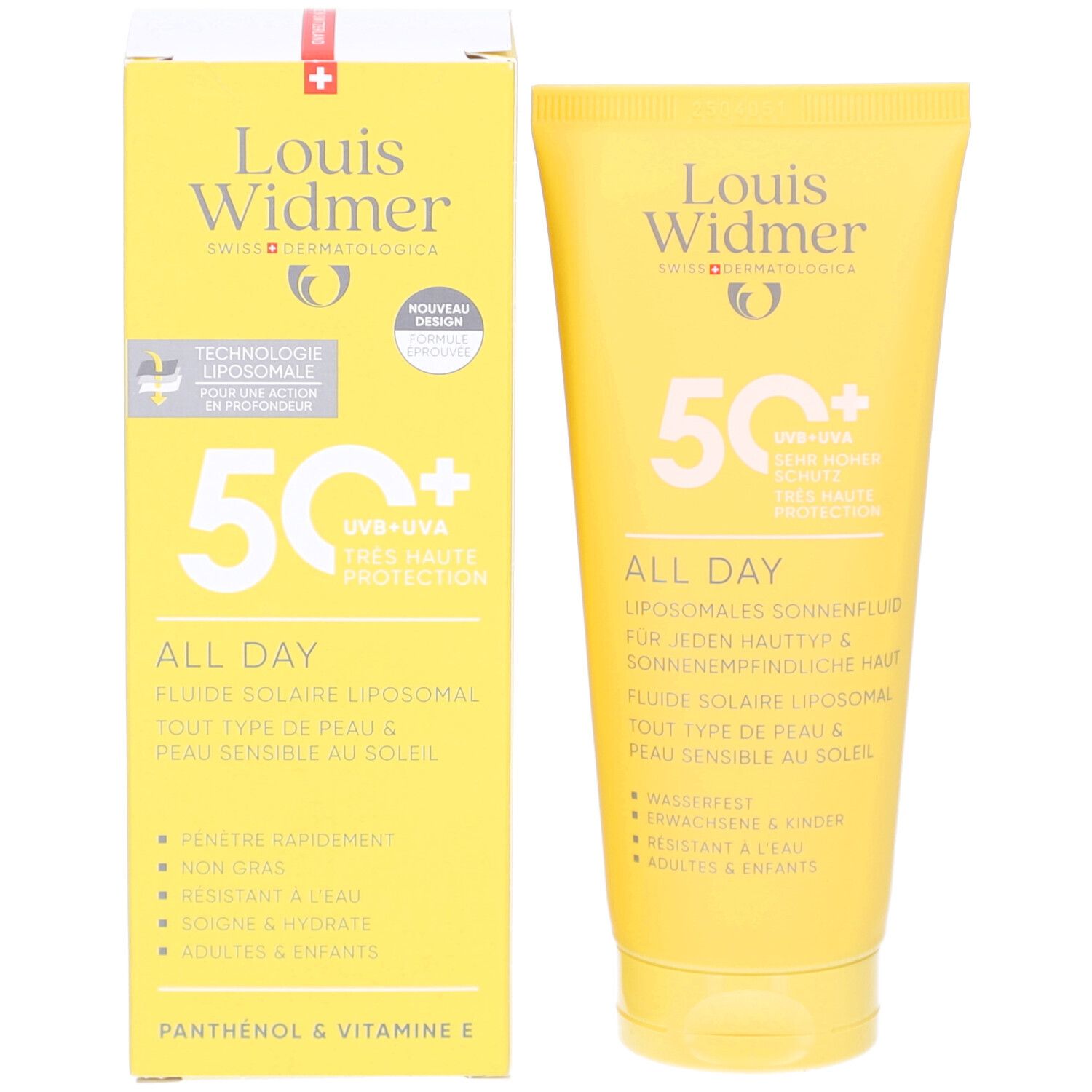 Gelbe Tube und Schachtel mit Sonnencreme. Aufschrift: Louis Widmer, 50+ UV-A, All Day. Liposomale Sonnenfluid. Wasserfest.