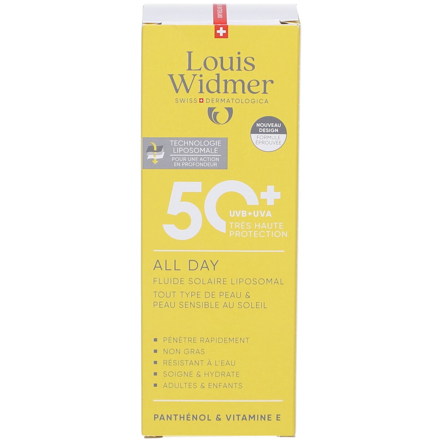 Gelbe Schachtel mit Sonnencreme. Aufschrift: Louis Widmer, 50+ UV-A, All Day. Liposomale Sonnenfluid. Wasserfest.