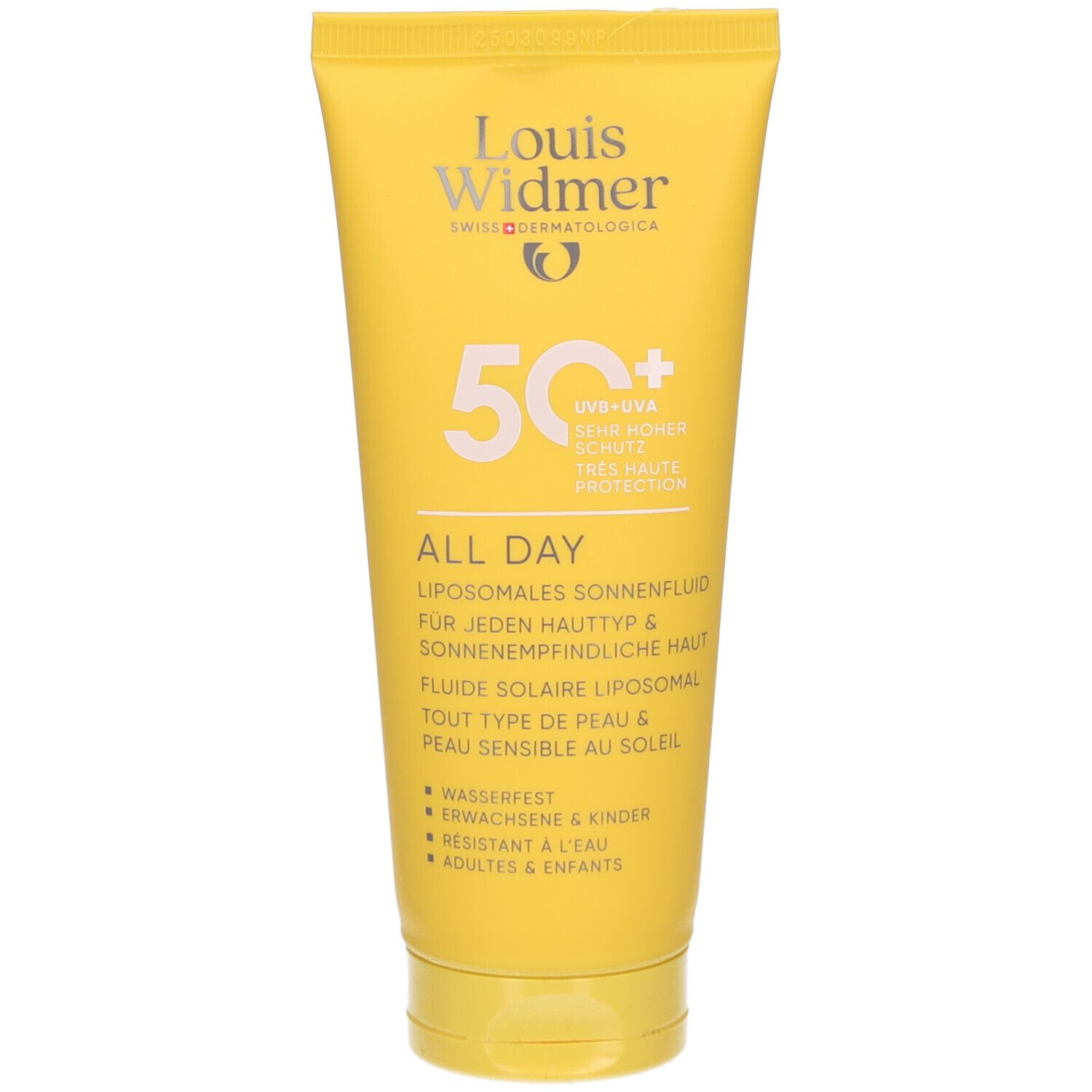 Gelbe Tube mit Sonnencreme. Marke Louis Widmer, 50+ UV-Schutz. Text: ALL DAY, liposomale Sonnenfluid.