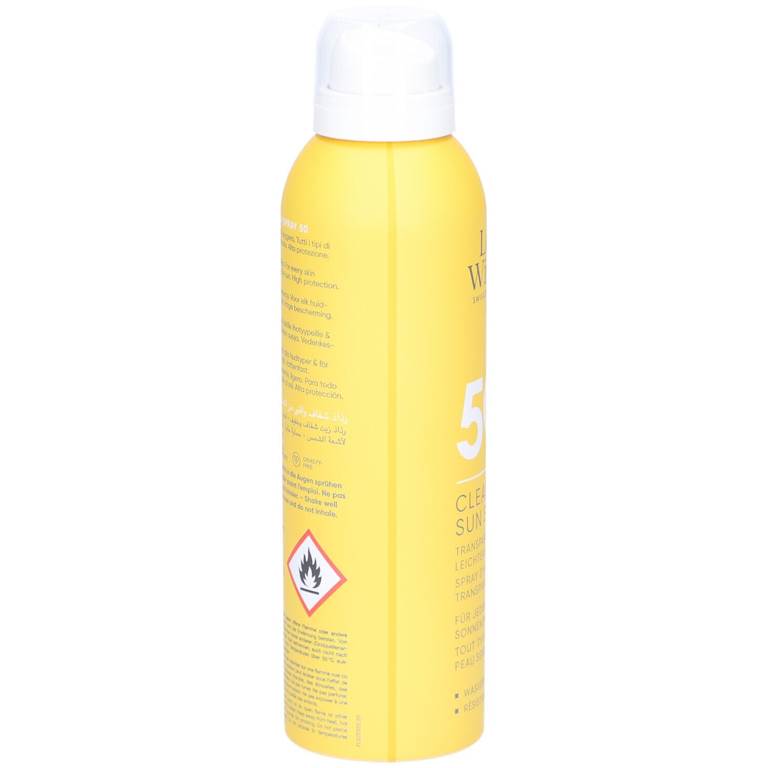 Gelbe Sprühflasche mit weißem Deckel. Aufschrift und Text auf der Seite.