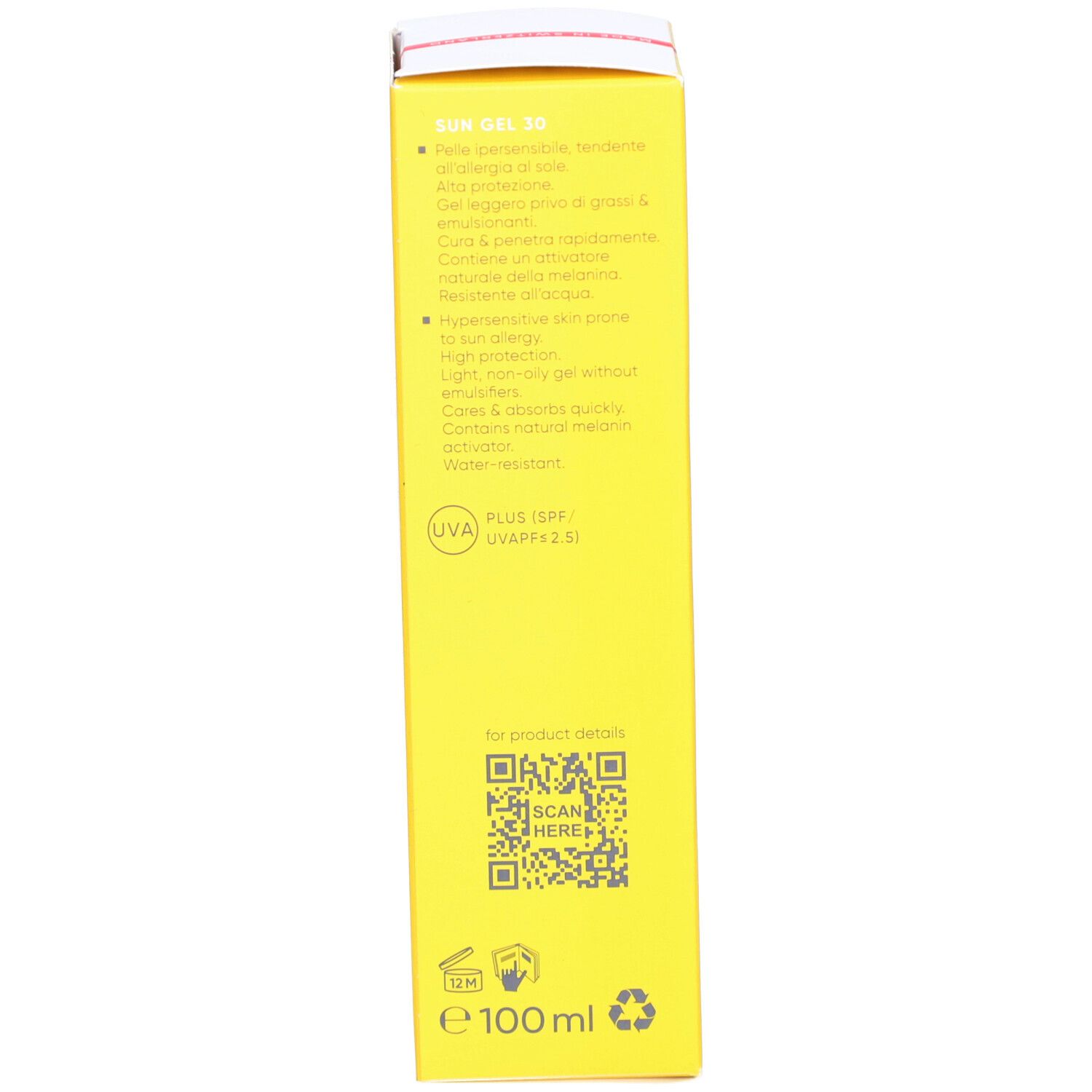 Rückseite der Verpackung von Louis Widmer Sun Gel SPF 30. Gelbe Schachtel mit Text in mehreren Sprachen. Enthält QR-Code.