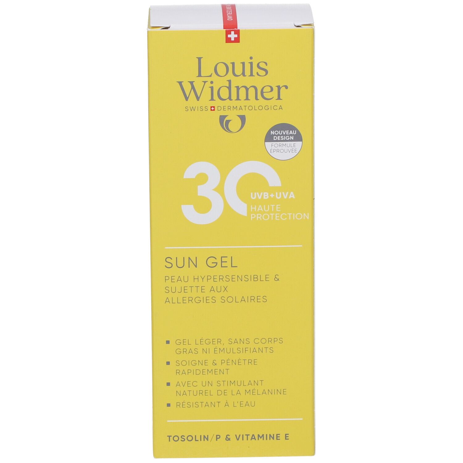 Verpackung von Louis Widmer Sun Gel SPF 30. Gelbe Schachtel mit weißer Schrift. Aufschrift: Sun Gel, 30, UV-UVA, hoher Schutz.