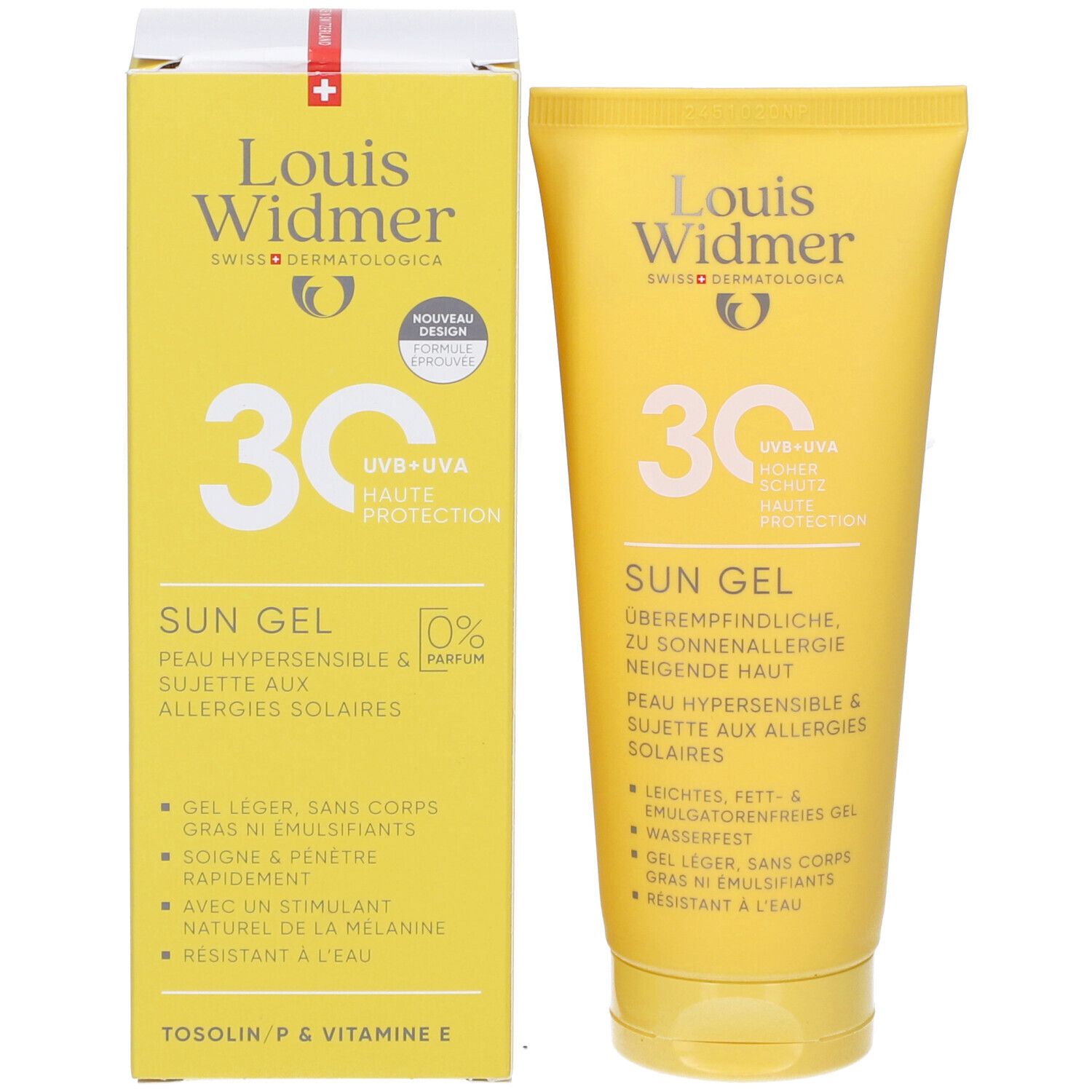 Louis Widmer Sun Gel SPF 30 mit Verpackung. Gelbe Tube und Schachtel. Text: Sun Gel, für sonnenempfindliche Haut. Logo: Louis Widmer.