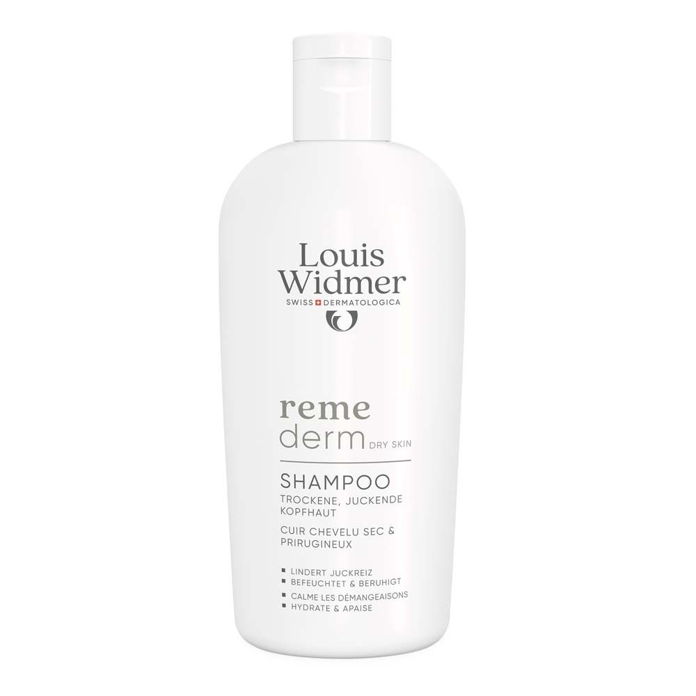 Weiße Flasche Louis Widmer remederm Shampoo. Text: Trockene, juckende Kopfhaut. Logo und Produktbezeichnung.