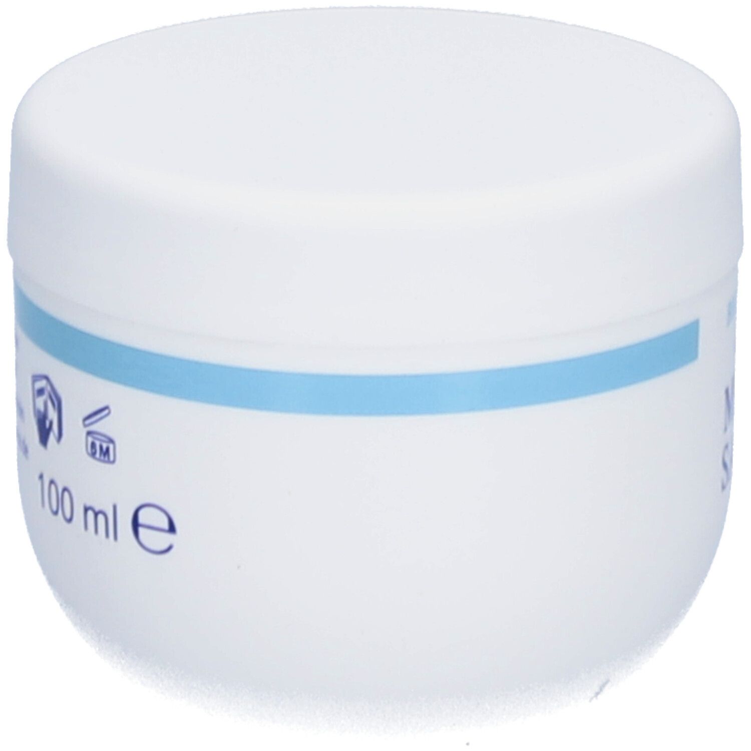 Weiße Dose mit blauem Streifen. Aufschrift: 100 ml. Symbole.