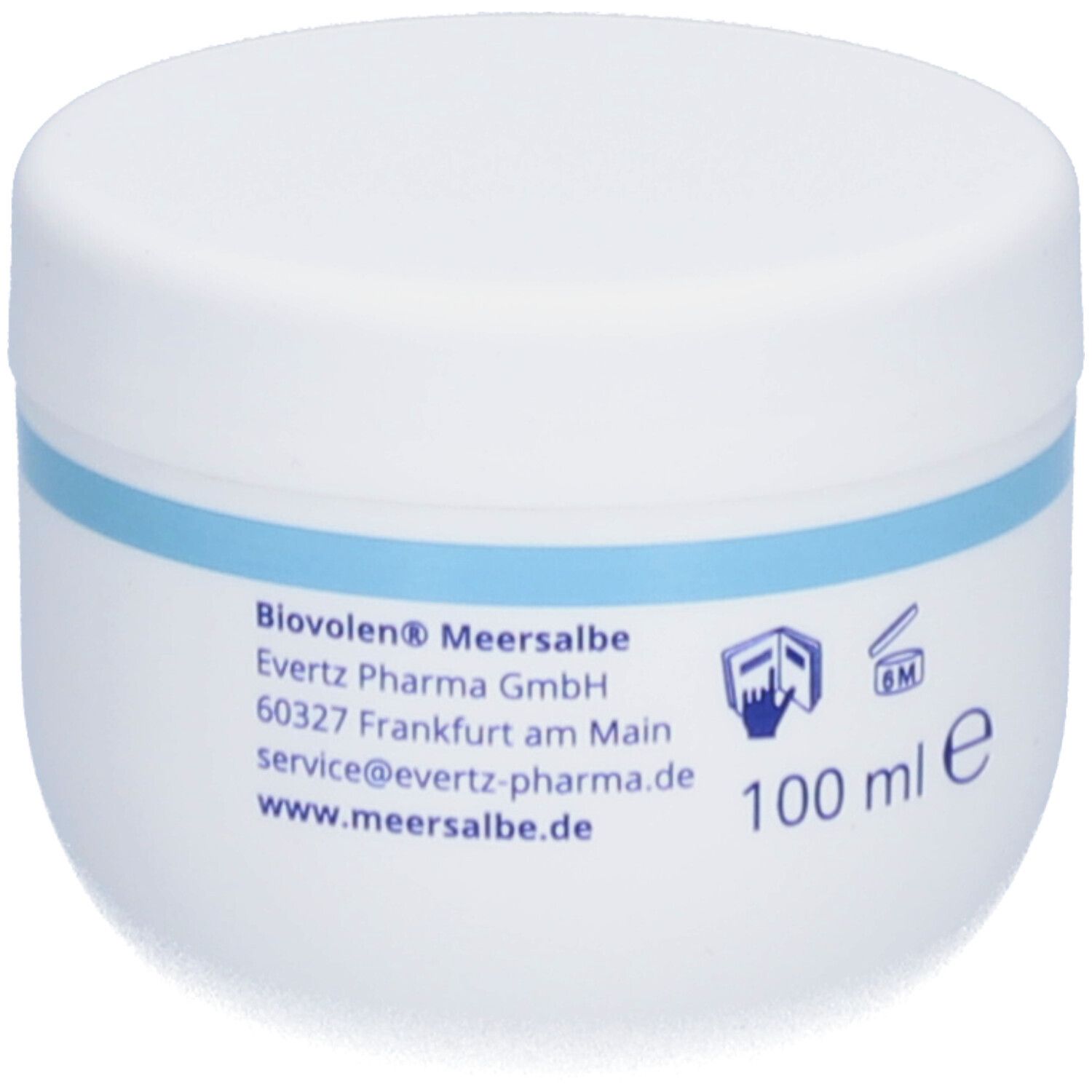 Weiße Dose mit blauem Streifen. Aufschrift: BIOVOLEN MEERSALBE, 100 ml, Adresse.