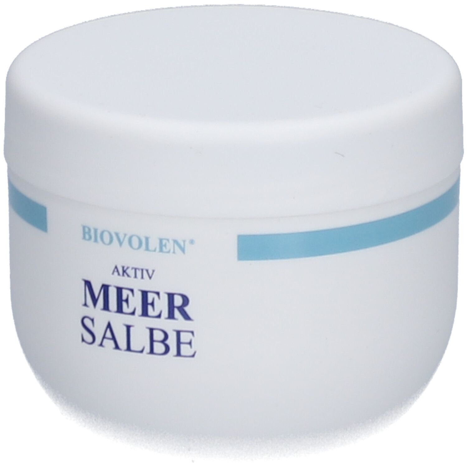 Weiße Dose mit blauem Streifen. Aufschrift: BIOVOLEN AKTIV MEER SALBE.