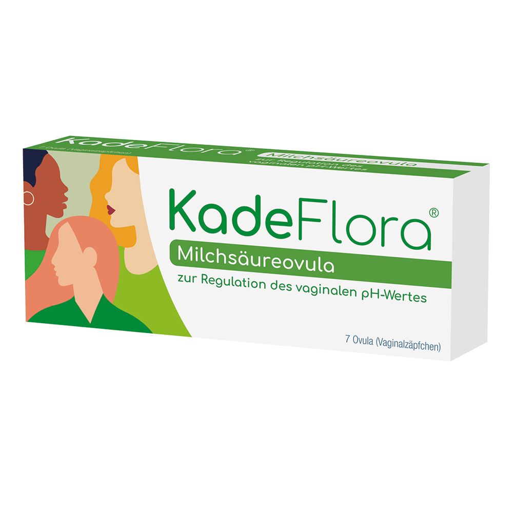 Schachtel mit KadeFlora Milchsäureovula. Grün-weißes Design, Frauenprofile. 7 Ovula.