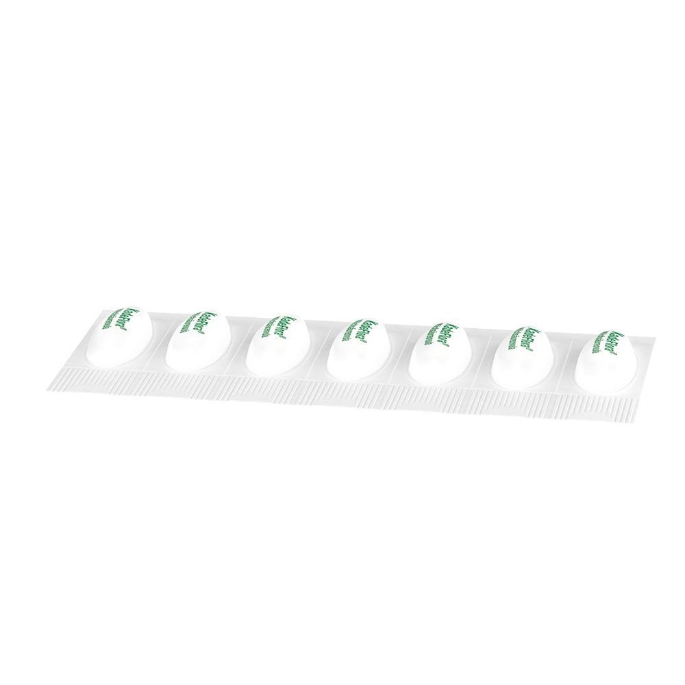 Blisterpackung mit 7 KadeFlora Milchsäureovula. Weiße, ovale Form.