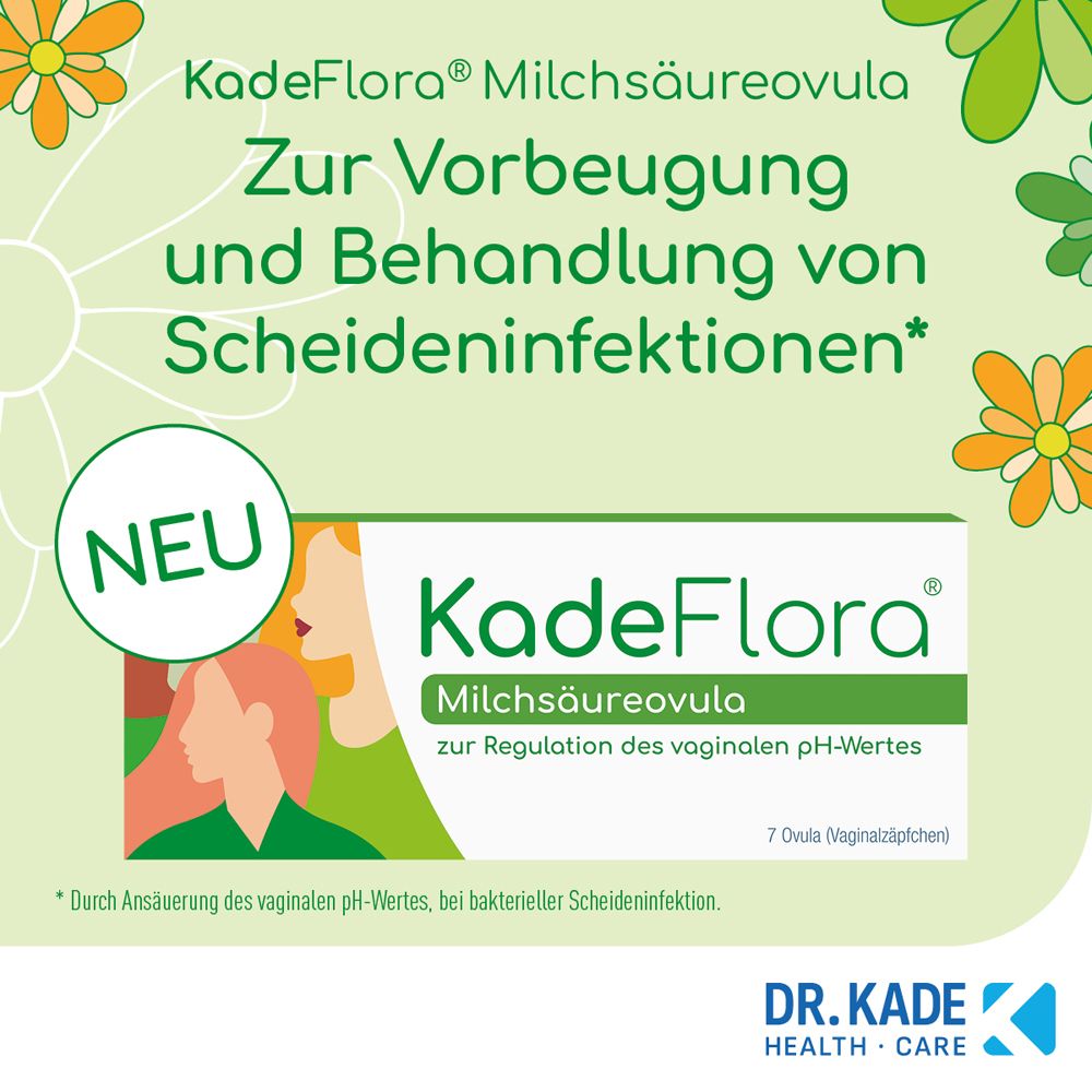 Werbebild mit KadeFlora Milchsäureovula-Schachtel. Text über Scheideninfektionen.