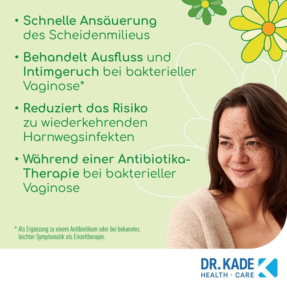 Text über Vorteile von KadeFlora Milchsäureovula. Frau mit Sommersprossen.