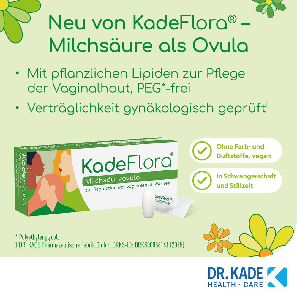 KadeFlora Milchsäureovula-Schachtel und Ovulum. Text über Inhaltsstoffe und Vorteile.
