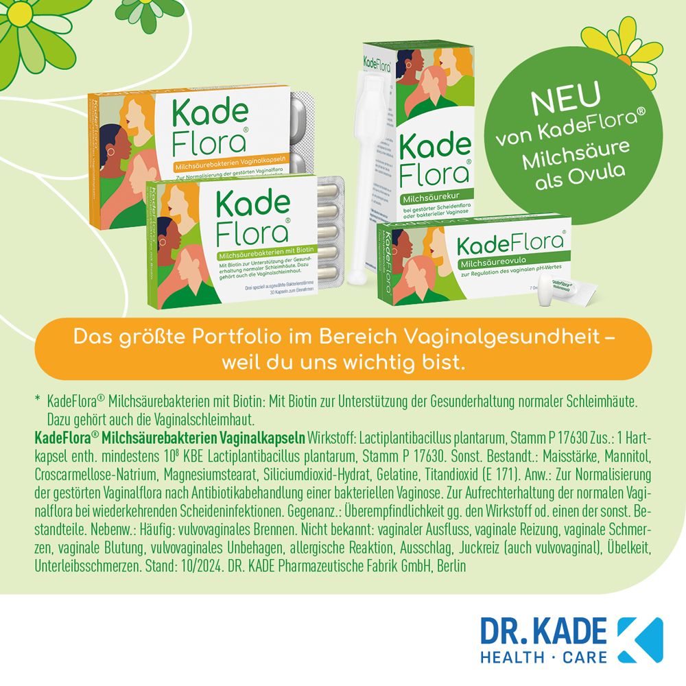 Werbebild mit verschiedenen KadeFlora-Produkten. Text über vaginale Gesundheit.