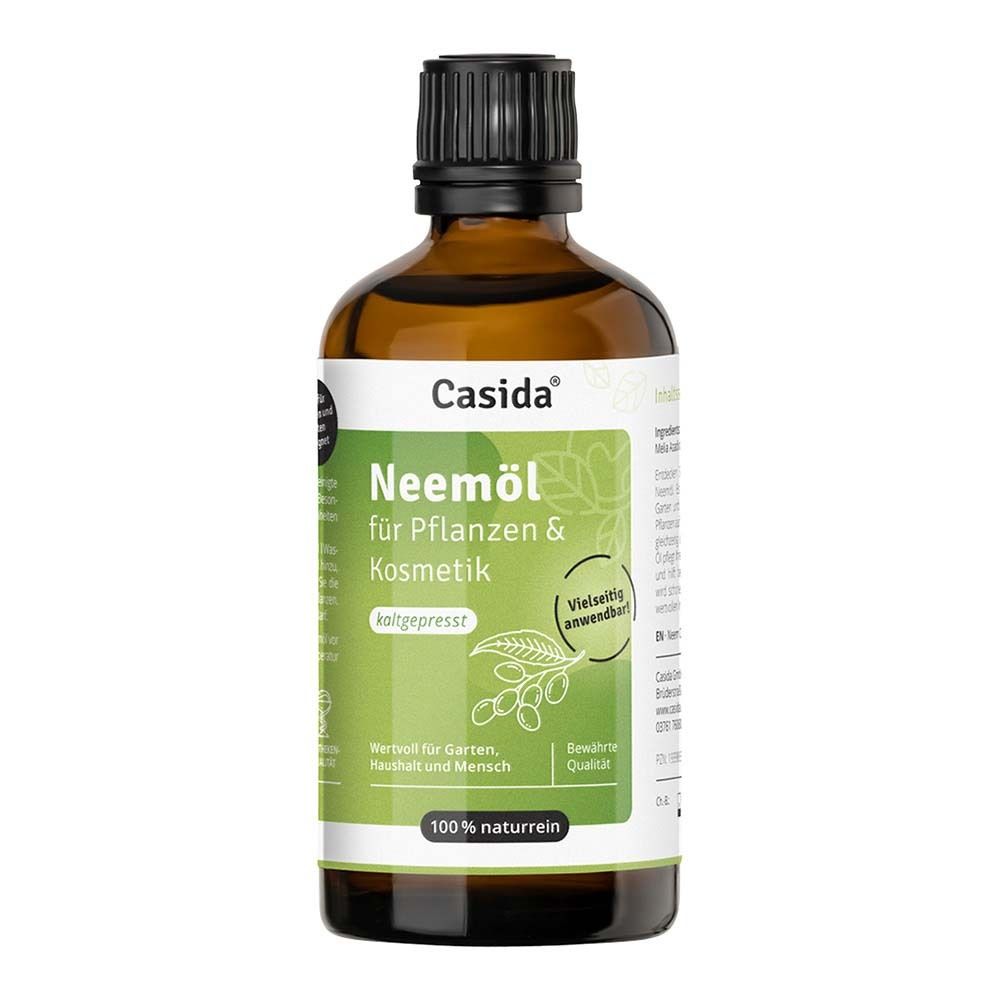Braune Glasflasche mit schwarzem Deckel. Etikett mit "Casida Neemöl für Pflanzen & Kosmetik".