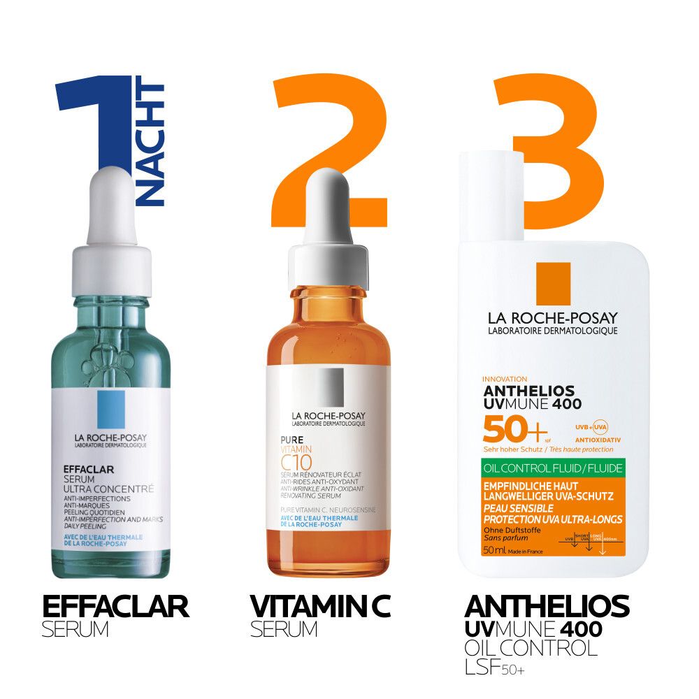 La Roche-Posay Produkte: Effaclar Serum, Vitamin C Serum und Anthelios UVMune 400 Oil Control Fluid LSF 50+ Sonnencreme.