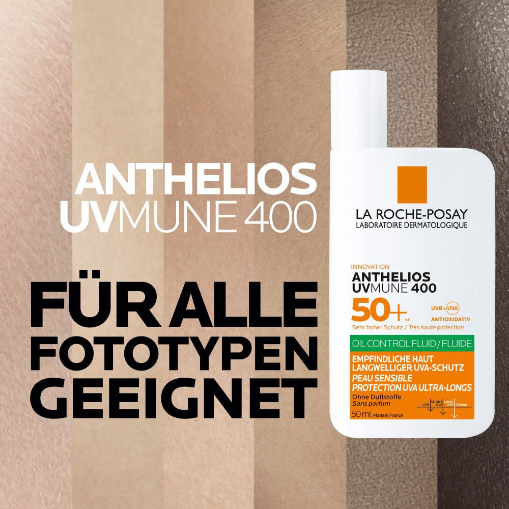 La Roche-Posay Anthelios UVMune 400 Sonnencreme. Für alle Fototypen geeignet. Zeigt verschiedene Hauttöne.