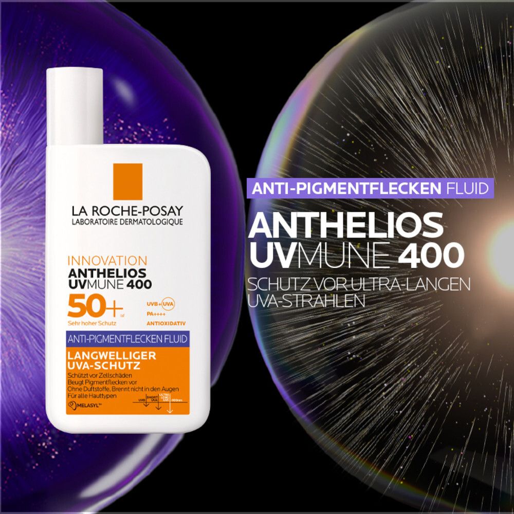 La Roche-Posay Anthelios UVMune 400 Anti-Pigmentflecken Fluid. Schwarzer Hintergrund mit lila und gelben Elementen.