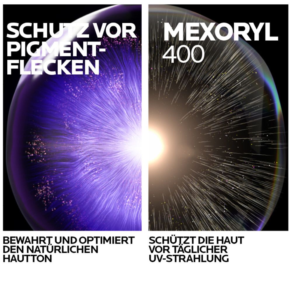 Zwei Bilder: Schutz vor Pigmentflecken und Schutz vor täglicher UV-Strahlung. Text: Mexoryl 400.