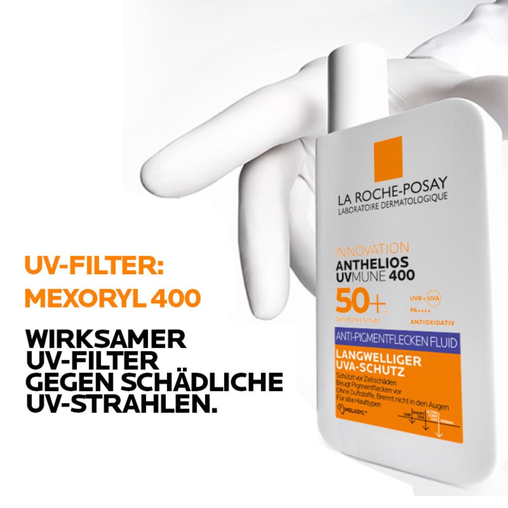 La Roche-Posay Anthelios UVMune 400, LSF 50+. Text: UV-Filter: Mexoryl 400. Wirksamer UV-Filter gegen schädliche UV-Strahlen.