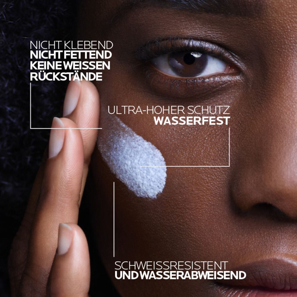 Haut mit aufgetragenem Fluid. Text: Ultra-hoher Schutz, wasserfest, nicht klebend, nicht fettend, schweißresistent.