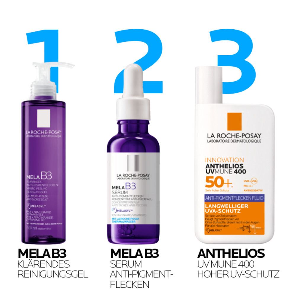 Drei Produkte: Mela B3 Reinigungsgel, Mela B3 Serum, Anthelios UVMune 400. Alle von La Roche-Posay.