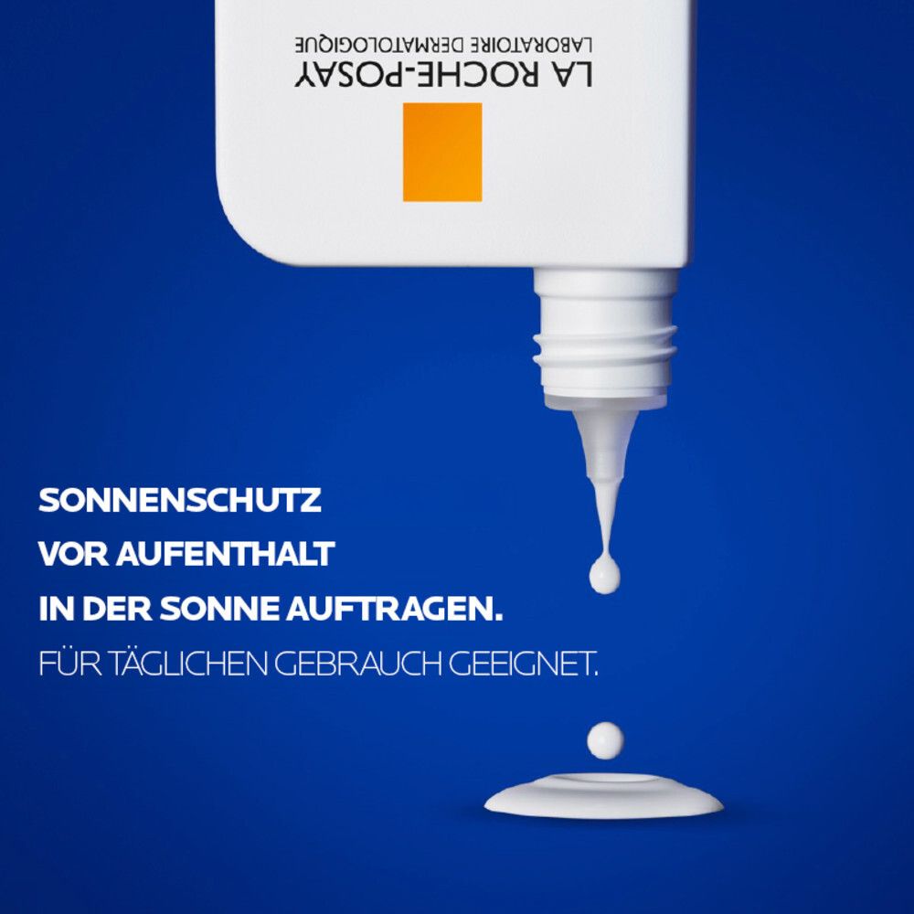 Fluid tropft aus einer Flasche. Text: Sonnenschutz vor Aufenthalt in der Sonne auftragen. Für täglichen Gebrauch geeignet.