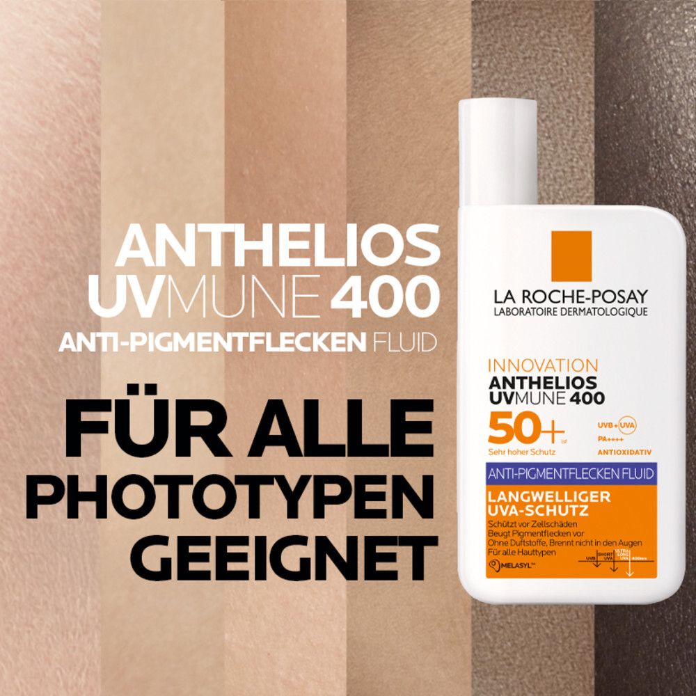 La Roche-Posay Anthelios UVMune 400 Anti-Pigmentflecken Fluid. Geeignet für alle Hauttypen.