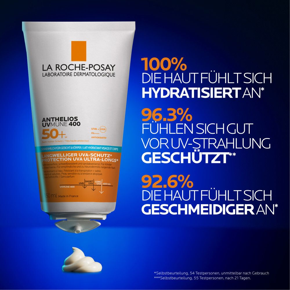 La Roche-Posay Anthelios UVmune 400 LSF 50+ Milch. Weiße Tube mit Text. 100% hydratisiert, 96,3% UV-Schutz, 92,6% geschmeidig.