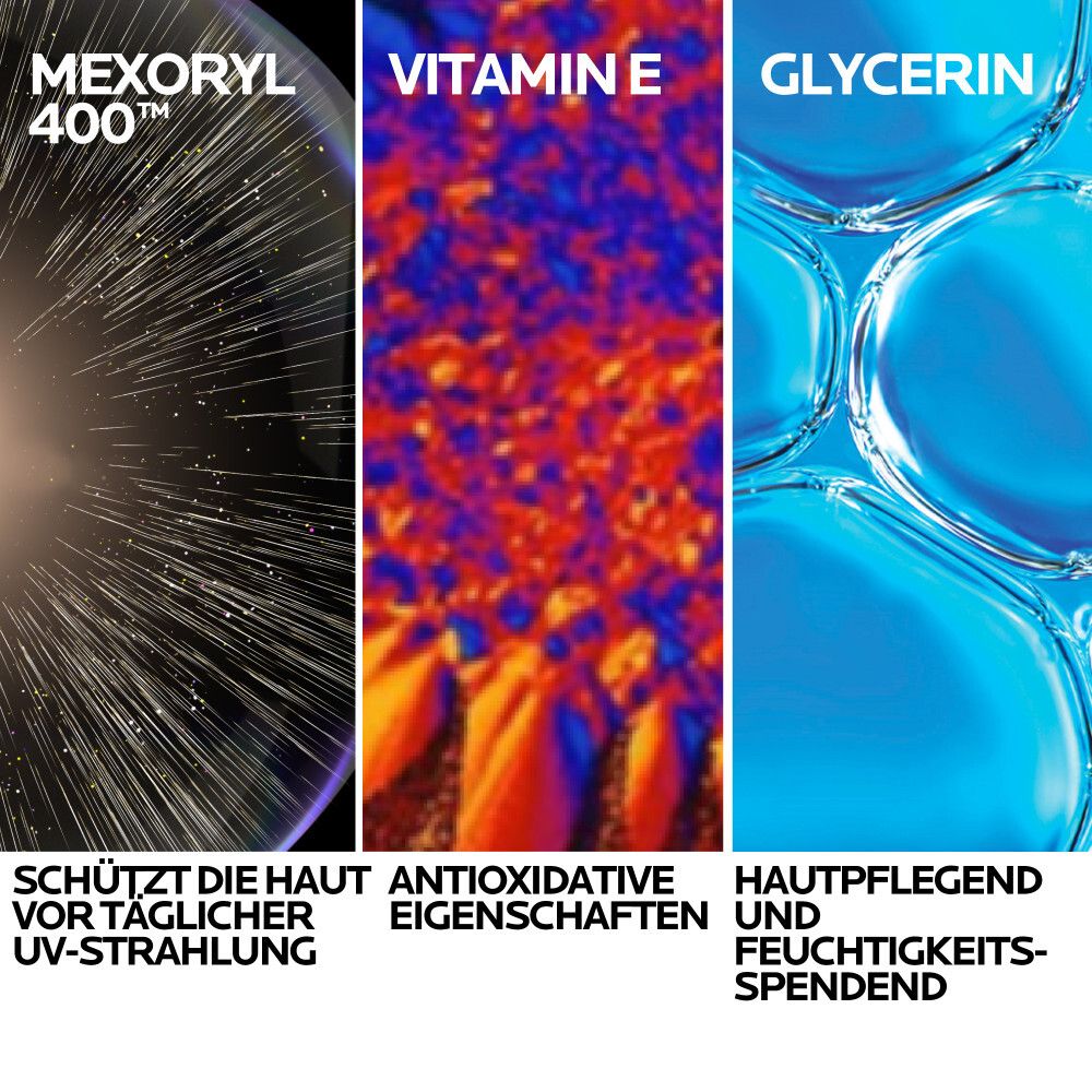 Nahaufnahme von Inhaltsstoffen: Mexoryl 400, Vitamin E, Glycerin. Text: Schutz vor UV-Strahlung, antioxidativ, feuchtigkeitsspendend.