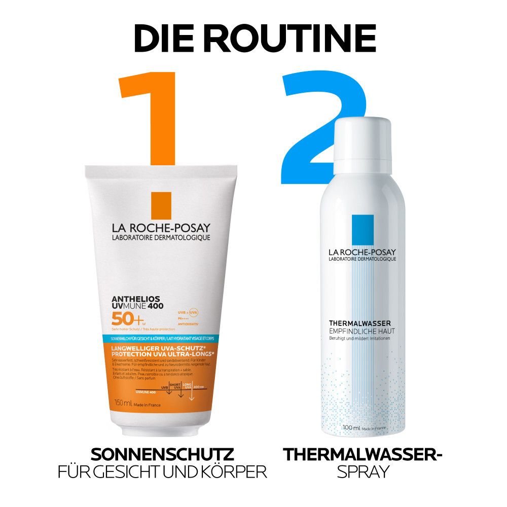 La Roche-Posay Anthelios UVmune 400 LSF 50+ und Thermalwasser-Spray. Sonnenschutz für Gesicht und Körper.
