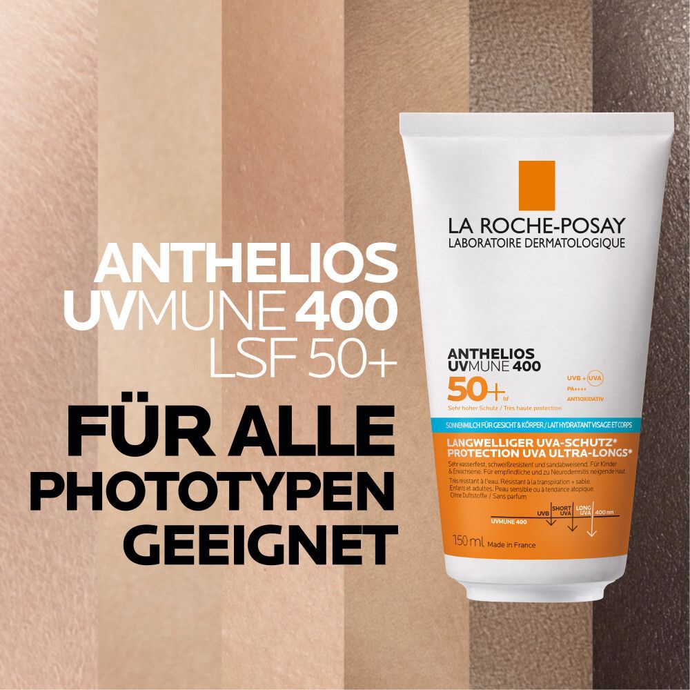 La Roche-Posay Anthelios UVmune 400 LSF 50+ Milch. Geeignet für alle Hauttypen. Hintergrund mit Hauttönen.