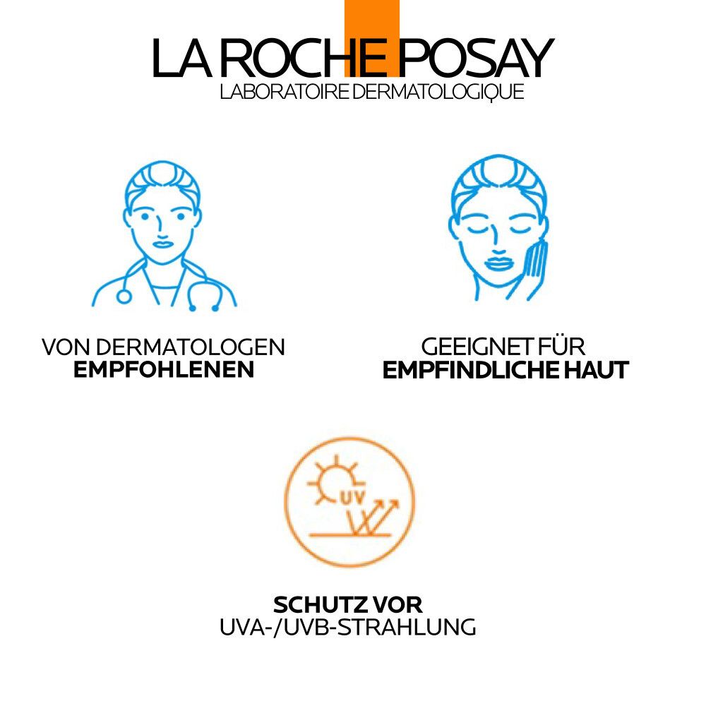 La Roche-Posay Logo und Piktogramme. Von Dermatologen empfohlen. Geeignet für empfindliche Haut. Schutz vor UVA/UVB.