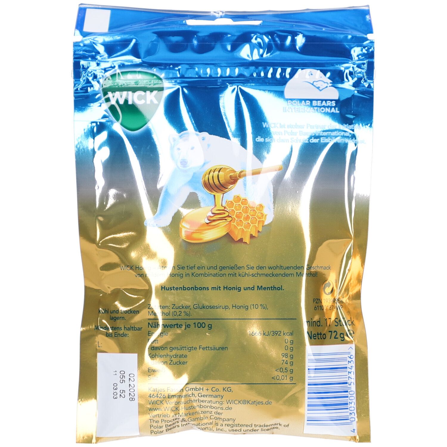 Rückseite der WICK Honig Hustenbonbon-Verpackung. Blau-goldenes Design. Eisbär-Illustration. Text: Nährwerte, 12 Stück, 72g, Honig, Menthol.