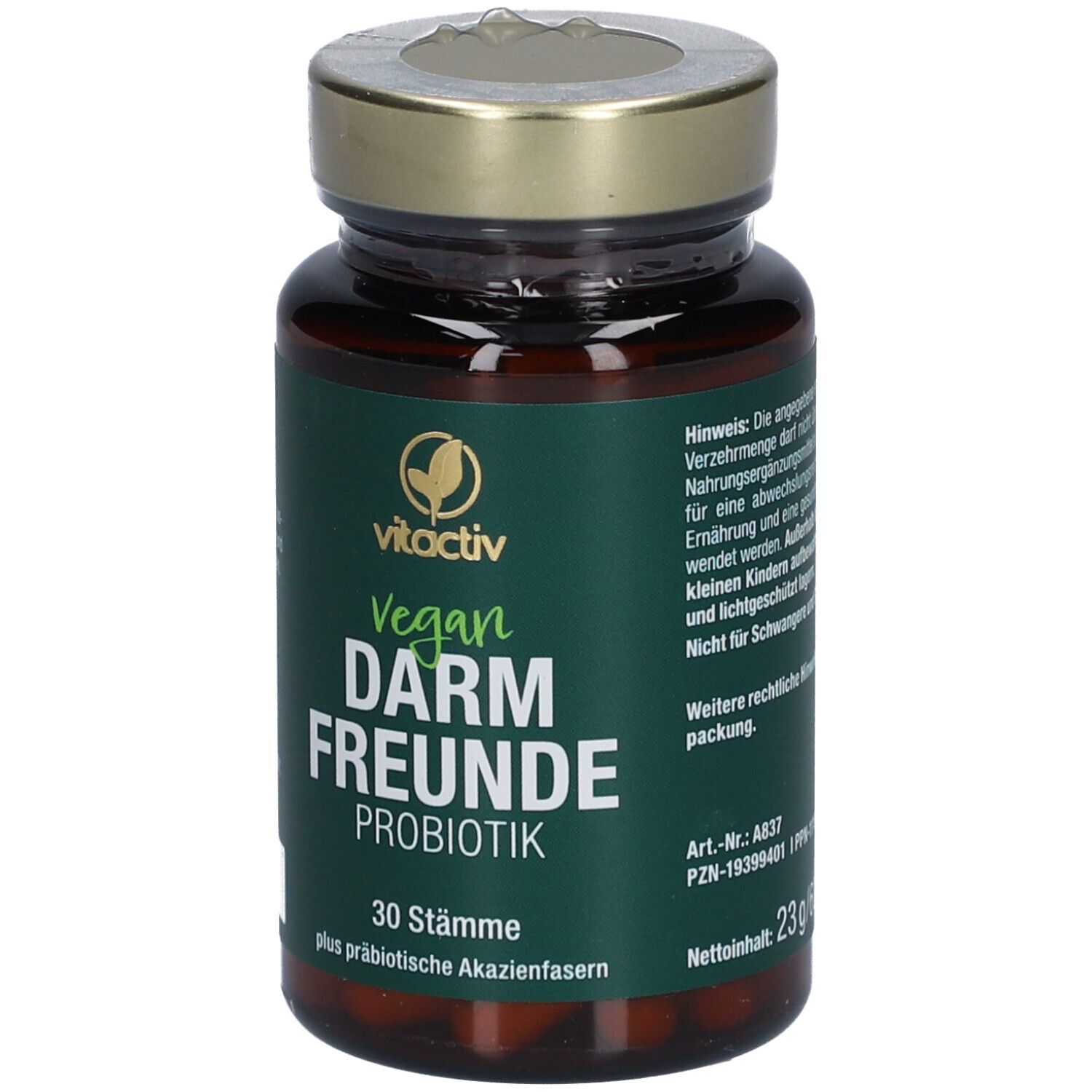 Braune Glasflasche mit grüner Aufschrift: vitactiv Vegan Darm Freunde Probiotik. 30 Stämme.