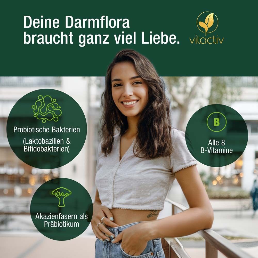 Frau mit Text: Deine Darmflora braucht ganz viel Liebe. Grafiken: Probiotische Bakterien, B-Vitamine, Akazienfasern.